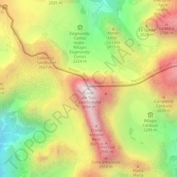 Mapa topográfico Croda dei Toni, altitud, relieve