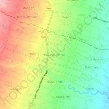 Mapa topográfico Pucang Miliran, altitud, relieve