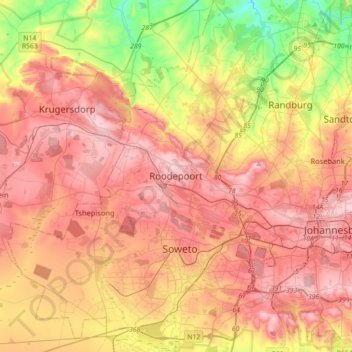 Mapa topográfico Roodepoort, altitud, relieve