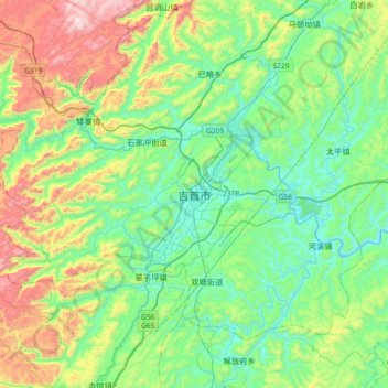 Mapa topográfico Jishou, altitud, relieve
