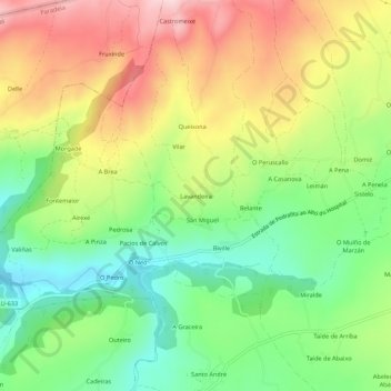 Mapa topográfico Lavandeira, altitud, relieve