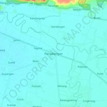 Mapa topográfico Penawangan, altitud, relieve