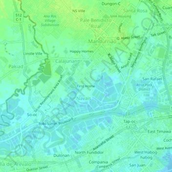 Mapa topográfico First Home, altitud, relieve