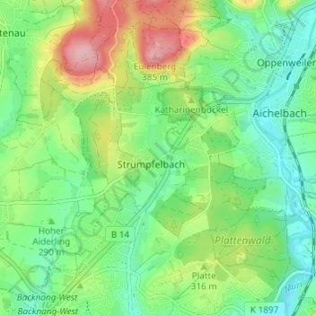 Mapa topográfico Strümpfelbach, altitud, relieve
