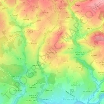 Mapa topográfico Montmeunier, altitud, relieve