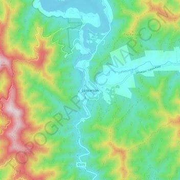 Mapa topográfico Jamieson, altitud, relieve