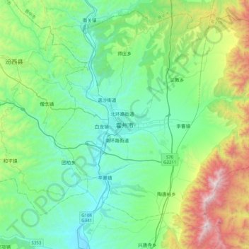 Mapa topográfico Huozhou, altitud, relieve