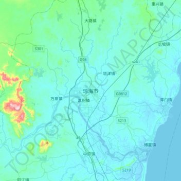 Mapa topográfico 琼海市, altitud, relieve