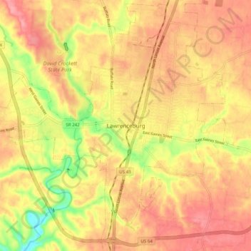 Mapa topográfico Lawrenceburg, altitud, relieve