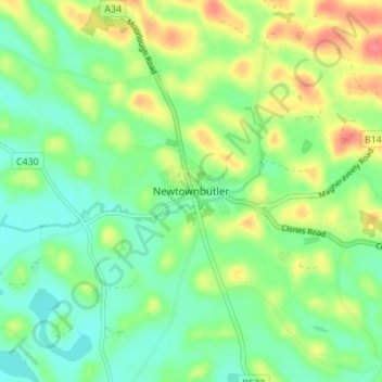 Mapa topográfico Newtownbutler, altitud, relieve