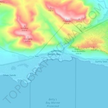 Mapa topográfico Betty's Bay, altitud, relieve