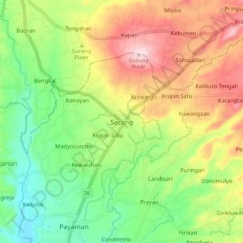 Mapa topográfico Secang, altitud, relieve