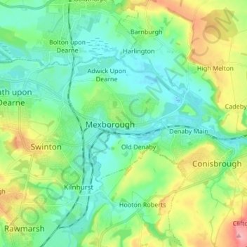 Mapa topográfico Mexborough, altitud, relieve