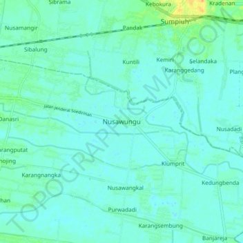 Mapa topográfico Nusawungu, altitud, relieve