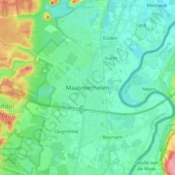 Mapa topográfico Maasmechelen, altitud, relieve