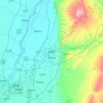 Mapa topográfico 灵武市, altitud, relieve