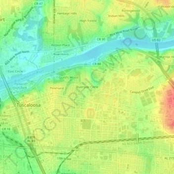 Mapa topográfico Riverside Circle, altitud, relieve