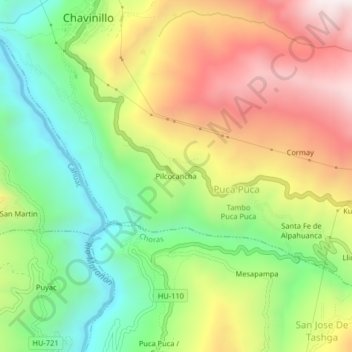 Mapa topográfico Pilcocancha, altitud, relieve