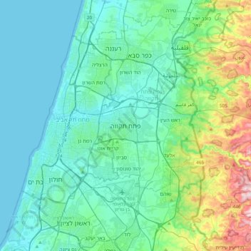 Mapa topográfico Petah Tikva, altitud, relieve