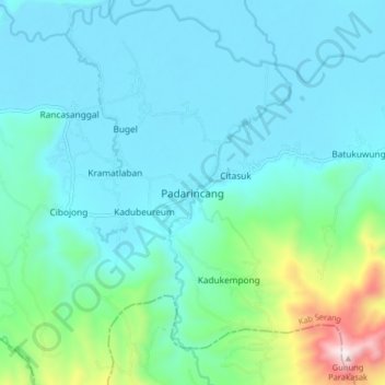 Mapa topográfico Padarincang, altitud, relieve