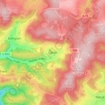 Mapa topográfico Dahle, altitud, relieve