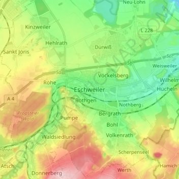 Mapa topográfico Eschweiler, altitud, relieve