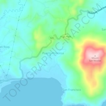 Mapa topográfico Puerto Princesa, altitud, relieve
