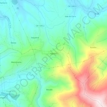Mapa topográfico Alqueve, altitud, relieve