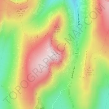 Mapa topográfico Red Screes, altitud, relieve