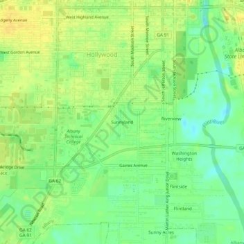 Mapa topográfico Sunnyland, altitud, relieve