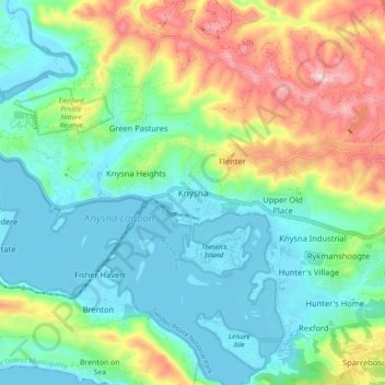 Mapa topográfico Knysna, altitud, relieve