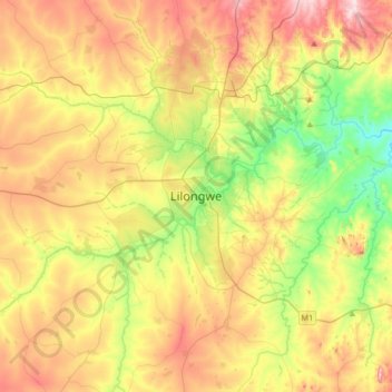 Mapa topográfico Lilongüe, altitud, relieve