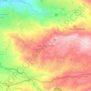 Mapa topográfico Gunung Geulis, altitud, relieve