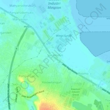 Mapa topográfico Sukomulyo, altitud, relieve