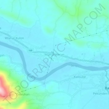 Mapa topográfico Wlahar Wetan, altitud, relieve