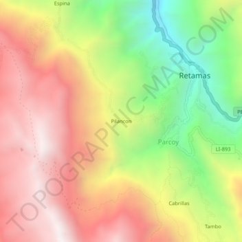 Mapa topográfico Pilancon, altitud, relieve