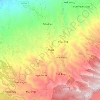 Mapa topográfico Tosari, altitud, relieve