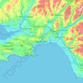 Mapa topográfico Swansea, altitud, relieve