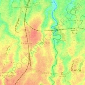 Mapa topográfico Rawa Panjang, altitud, relieve