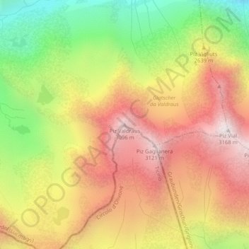Mapa topográfico Piz Valdraus, altitud, relieve