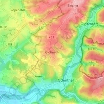 Mapa topográfico Glöbusch, altitud, relieve
