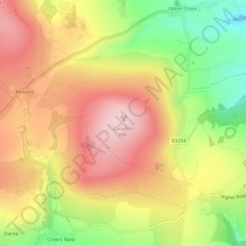 Mapa topográfico Caradon Hill, altitud, relieve