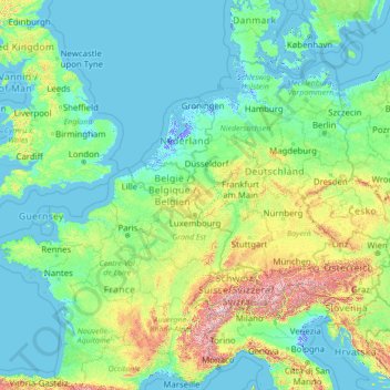 Mapa topográfico Luxembourg, altitud, relieve