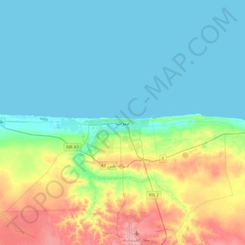 Mapa topográfico Sirte, altitud, relieve