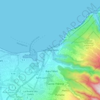 Mapa topográfico La Possession, altitud, relieve
