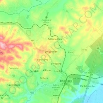 Mapa topográfico Empangeni, altitud, relieve