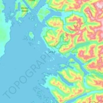 Mapa topográfico Sitka, altitud, relieve