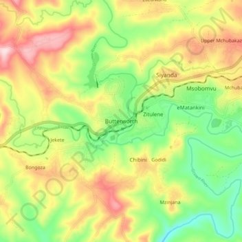 Mapa topográfico Butterworth, altitud, relieve
