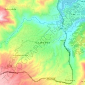 Mapa topográfico Huauchinango, altitud, relieve