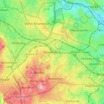 Mapa topográfico Smethwick, altitud, relieve